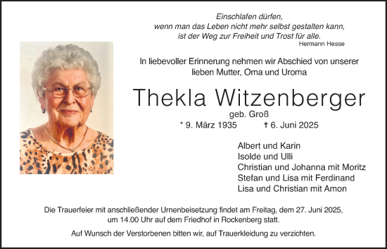 Traueranzeige von Thekla Witzenberger von Wetterauer Zeitung, Butzbacher Zeitung