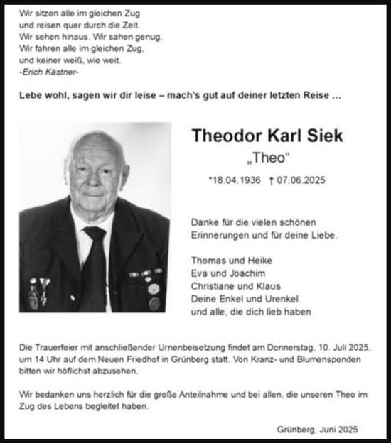 Traueranzeige von Theodor Karl Siek von Giessener Allgemeine, Alsfelder Allgemeine, Giessener Anzeiger