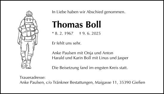 Traueranzeige von Thomas Boll von Giessener Allgemeine, Alsfelder Allgemeine, Giessener Anzeiger