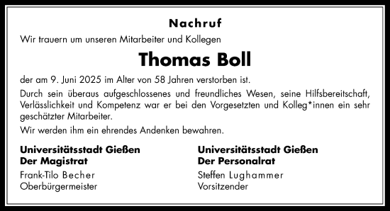 Traueranzeige von Thomas Boll von Giessener Allgemeine, Alsfelder Allgemeine, Giessener Anzeiger