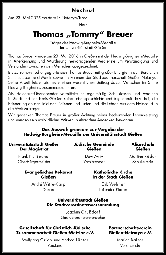 Traueranzeige von Thomas Breuer von Giessener Anzeiger, Giessener Allgemeine, Alsfelder Allgemeine