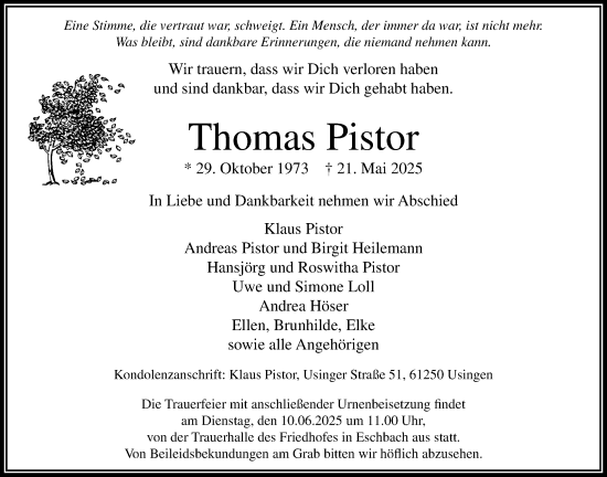 Traueranzeige von Thomas Pistor von Usinger Anzeiger, Usinger Anzeigenblatt