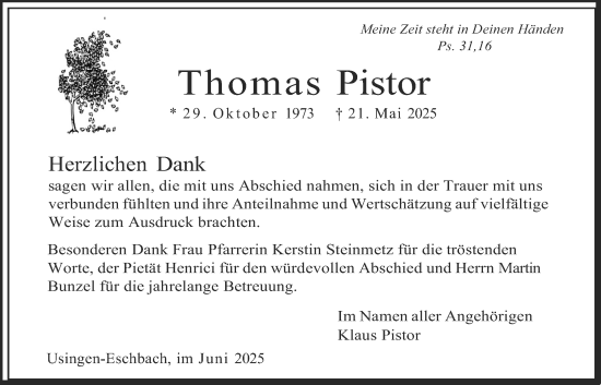 Traueranzeige von Thomas Pistor von Usinger Anzeiger, Usinger Anzeigenblatt