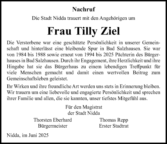 Traueranzeige von Tilly Ziel von Kreis-Anzeiger