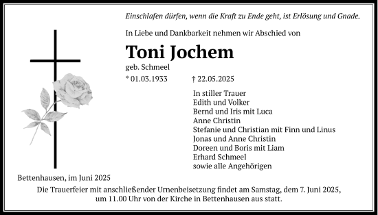 Traueranzeige von Toni Jochem von Licher Wochenblatt, Licher Wochenblatt
