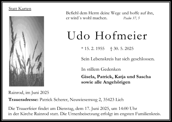 Traueranzeige von Udo Hofmeier von Oberhessische Zeitung