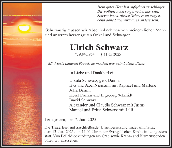 Traueranzeige von Ulrich Schwarz von Giessener Anzeiger, Giessener Allgemeine, Alsfelder Allgemeine