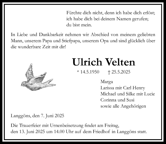 Traueranzeige von Ulrich Velten von Giessener Allgemeine, Alsfelder Allgemeine