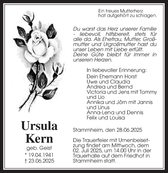 Traueranzeige von Ursula Kern von Wetterauer Zeitung