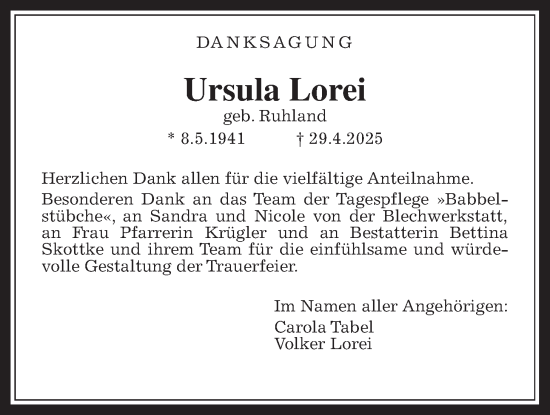 Traueranzeige von Ursula Lorei von Wetterauer Zeitung