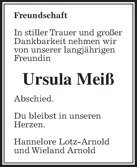 Traueranzeige von Ursula Meiß von Wetterauer Zeitung