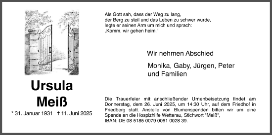 Traueranzeige von Ursula Meiß von Wetterauer Zeitung