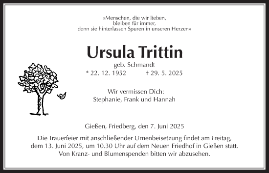 Traueranzeige von Ursula Trittin von Giessener Allgemeine, Alsfelder Allgemeine