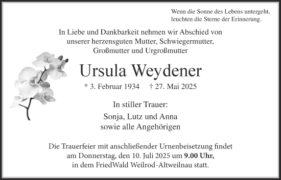 Traueranzeige von Ursula Weydener von Usinger Anzeigenblatt