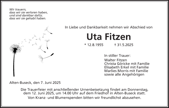 Traueranzeige von Uta Fitzen von Giessener Anzeiger, Giessener Allgemeine, Alsfelder Allgemeine