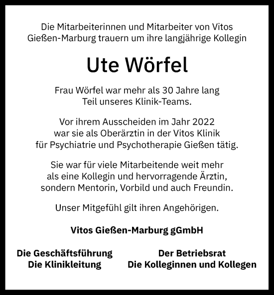 Traueranzeige von Ute Wörfel von Giessener Anzeiger
