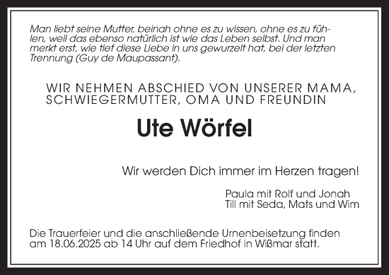 Traueranzeige von Ute Wörfel von Giessener Anzeiger