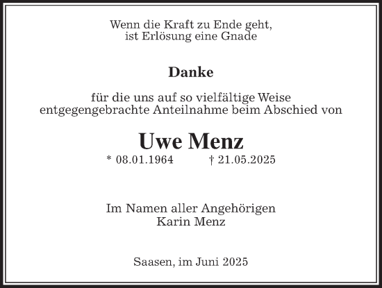 Traueranzeige von Uwe Menz von Giessener Allgemeine, Alsfelder Allgemeine