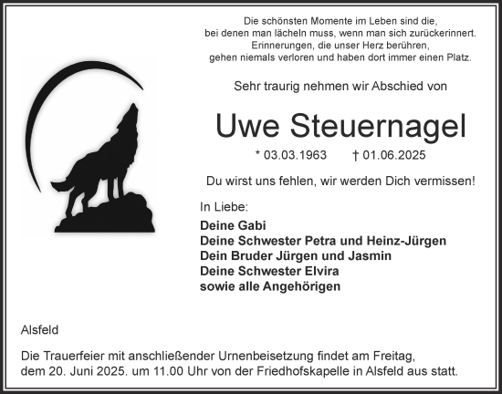 Traueranzeige von Uwe Steuernagel von Oberhessische Zeitung