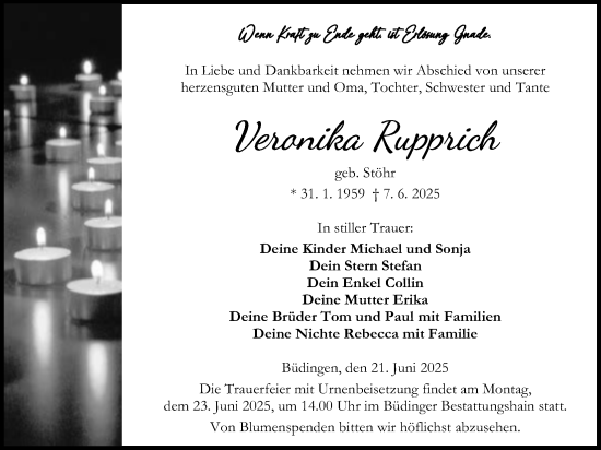 Traueranzeige von Veronika Rupprich von Kreis-Anzeiger