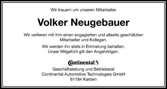 Traueranzeige von Volker Neugebauer von Wetterauer Zeitung