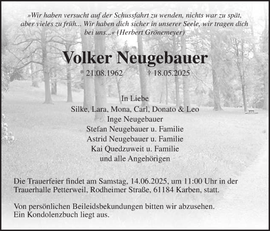 Traueranzeige von Volker Neugebauer von Bad Vilbel/Karben