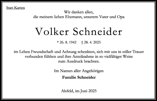 Traueranzeige von Volker Schneider von Oberhessische Zeitung