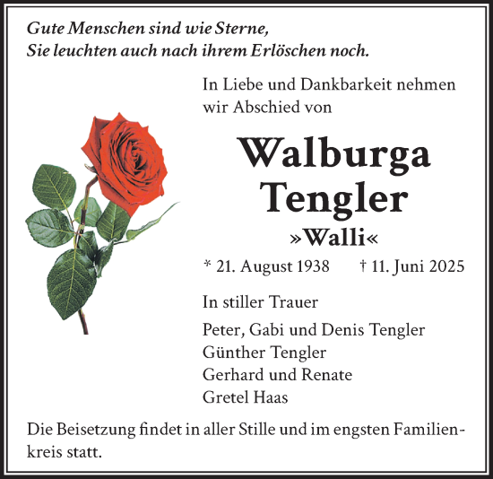 Traueranzeige von Walburga Tengler von Licher Wochenblatt, Licher Wochenblatt