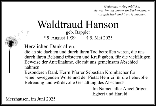 Traueranzeige von Waldtraud Hanson von Usinger Anzeigenblatt