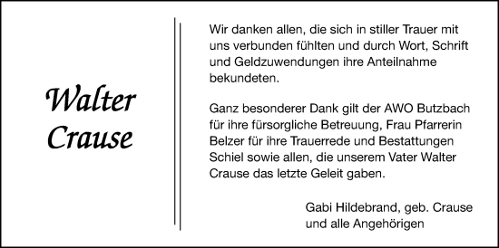 Traueranzeige von Walter Crause von Licher Wochenblatt, Licher Wochenblatt