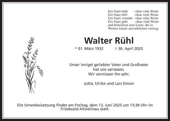 Traueranzeige von Walter Rühl von Usinger Anzeigenblatt