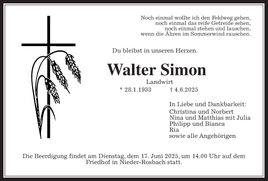 Traueranzeige von Walter Simon von Wetterauer Zeitung