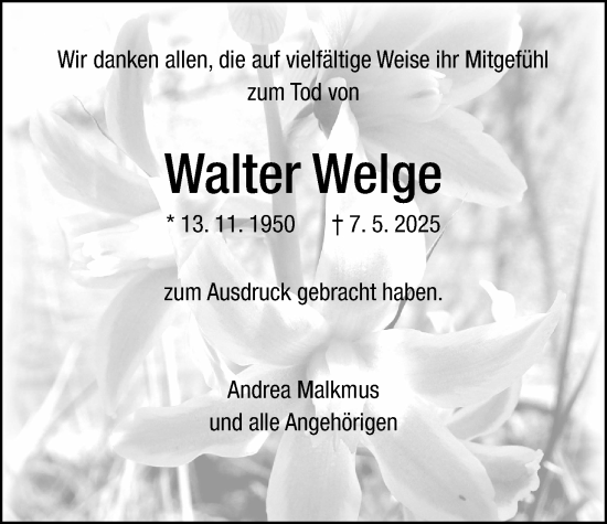 Traueranzeige von Walter Welge von Giessener Allgemeine, Alsfelder Allgemeine