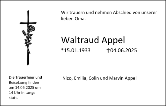 Traueranzeige von Waltraud Appel von Kreis-Anzeiger