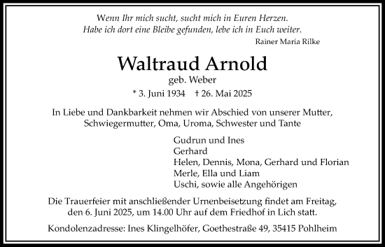 Traueranzeige von Waltraud Arnold von Licher Wochenblatt, Licher Wochenblatt