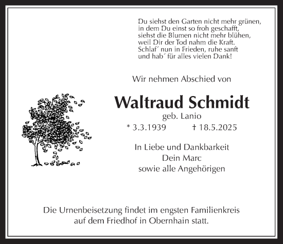 Traueranzeige von Waltraud Schmidt von Usinger Anzeigenblatt