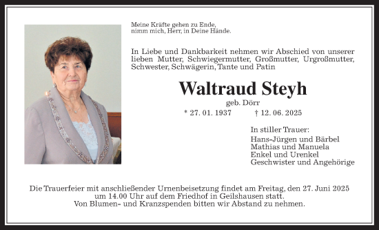Traueranzeige von Waltraud Steyh von Giessener Anzeiger, Giessener Allgemeine, Alsfelder Allgemeine