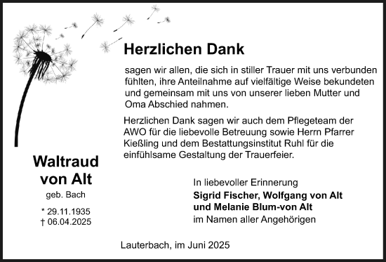 Traueranzeige von Waltraud von Alt von Lauterbacher Anzeiger