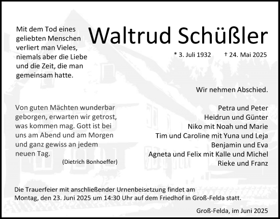 Traueranzeige von Waltrud Schüßler von Oberhessische Zeitung