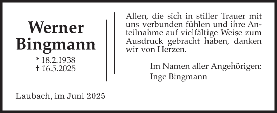 Traueranzeige von Werner Bingmann von Giessener Allgemeine, Alsfelder Allgemeine, Giessener Anzeiger