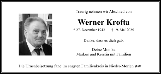 Traueranzeige von Werner Krofta von Wetterauer Zeitung