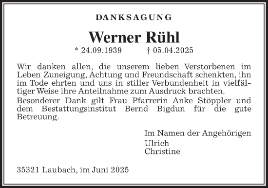 Traueranzeige von Werner Rühl von Laubacher Anzeiger