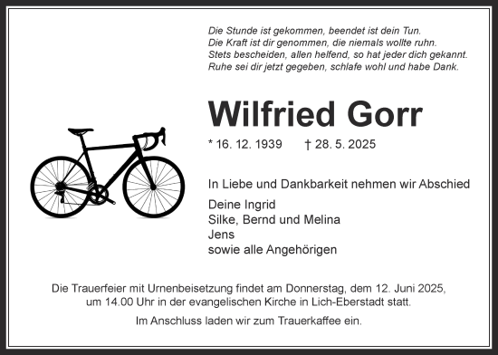 Traueranzeige von Wilfried Gorr von Giessener Anzeiger, Giessener Allgemeine, Alsfelder Allgemeine, Butzbacher Zeitung