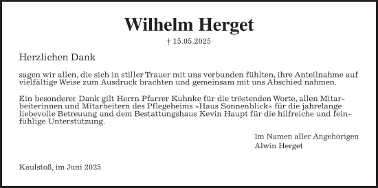 Traueranzeige von Wilhelm Herget von Kreis-Anzeiger