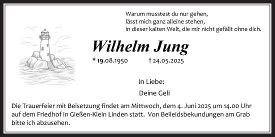 Traueranzeige von Wilhelm Jung von Giessener Allgemeine, Alsfelder Allgemeine