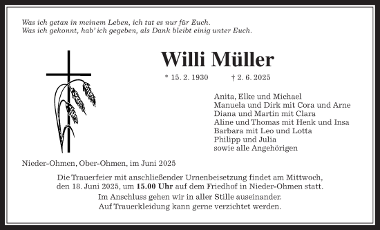 Traueranzeige von Willi Müller von Mücker Stimme