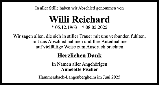 Traueranzeige von Willi Reichard von Kreis-Anzeiger