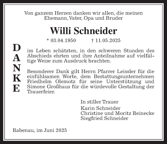 Traueranzeige von Willi Schneider von Giessener Allgemeine, Alsfelder Allgemeine