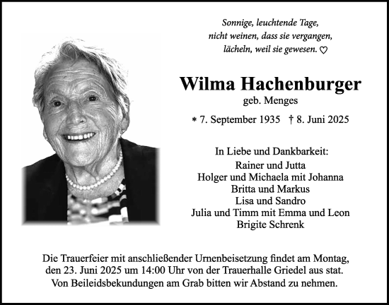 Traueranzeige von Wilma Hachenburger von Butzbacher Zeitung