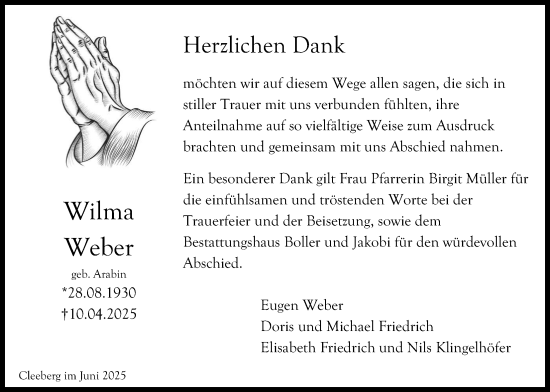 Traueranzeige von Wilma Weber von Butzbacher Zeitung